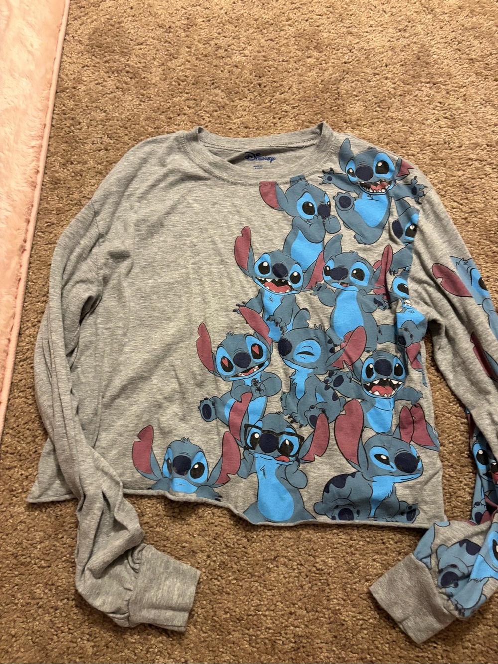 Disney Grey Long-Sleeve Stitch Crop Top with Blue & Pink Accents